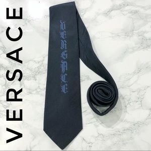 Versace Dark Navy Blue Vertical Spellout Silk Tie